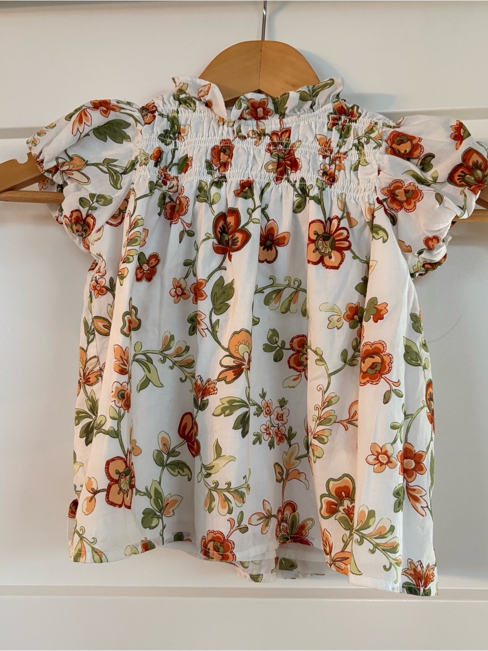 Janie and Jack Girls Smocked Orange and White Ruffled Collar Floral Top Size 3
